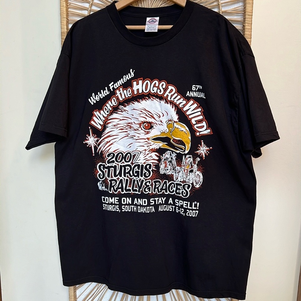 Sturgis Rally T-shirt Moto Biker Black White Grunge Eagle Motorcycle